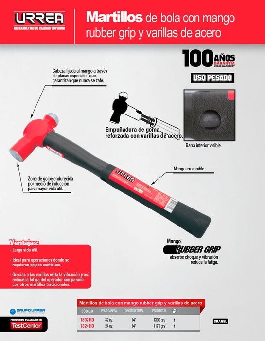 Martillo de bola irrompible con mango Rubber grip de 14", 24 oz Urrea