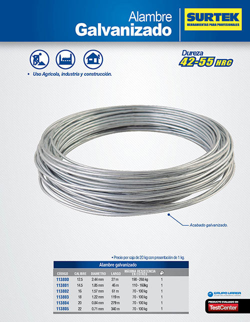 Alambre galvanizado calibre 18, 119 m, 20 kg Surtek