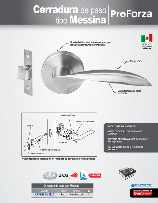 Manija tubular Messina función de paso, acero inoxidable, en caja Proforza