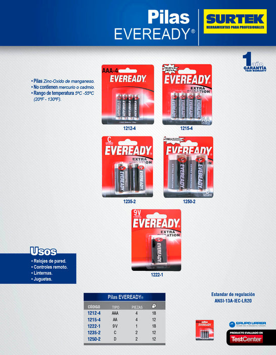 Pila alcalina Eveready® "AAA", 4 piezas Surtek