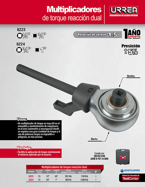 Multiplicador de torque reacción doble alta relación cuadro de 1/2" a 3/4", 1100 ft-lb Urrea