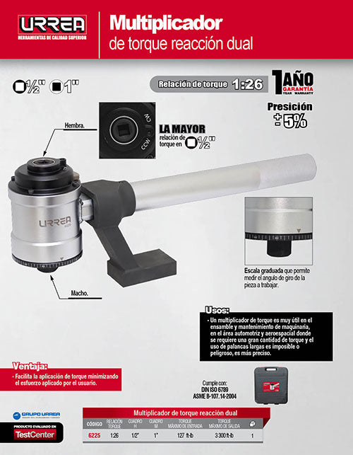 Multiplicador de torque reacción doble alta relación cuadro de 1/2" a 1", 3300 ft-lb Urrea