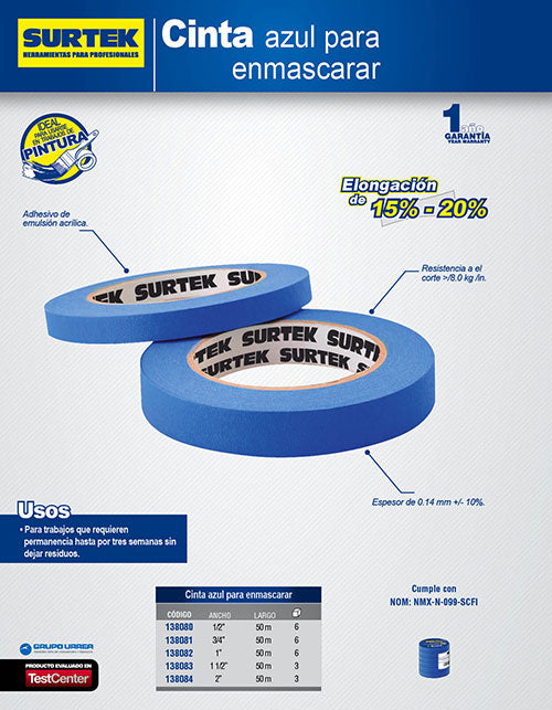 Cinta masking tape azul para enmascarar 36 mm x 50 m Surtek