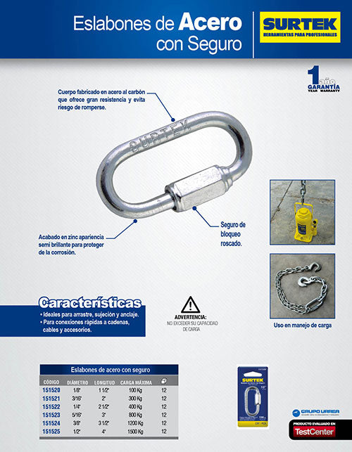 Eslabón de acero con seguro 1/4" Surtek
