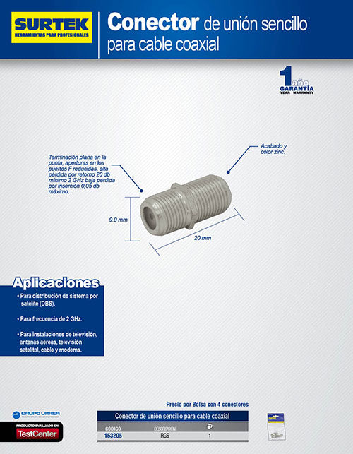 Cople para cable coaxial RG6 tipo barril, 4 piezas Surtek