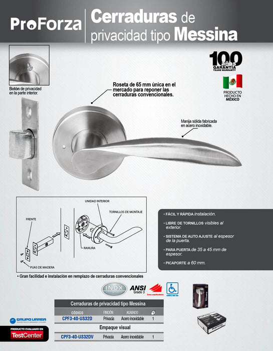 Manija tubular Messina función privacía, acero inoxidable, en caja Proforza