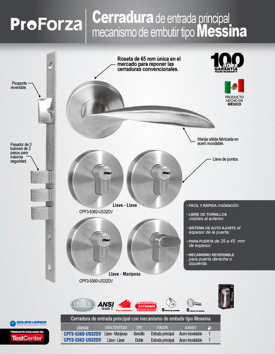 Manija Messina para entrada función doble, mecanismo embutir, visual Proforza