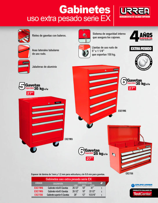 Gabinete móvil 6 gavetas color rojo serie EX 27" Urrea
