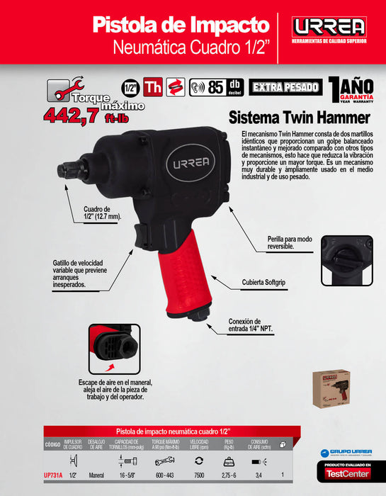Pistola de impacto neumática cuadro de 1/2" 442 Ft-lb sistema twin hammer Urrea