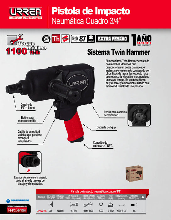 Pistola de impacto neumática cuadro de 3/4" 1,100 Ft-lb sistema twin hammer Urrea