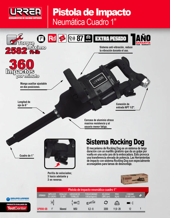 Pistola de impacto neumática cuadro de 1" 2,580 Ft-lb con extensión 6" sistema rocking dog Urrea