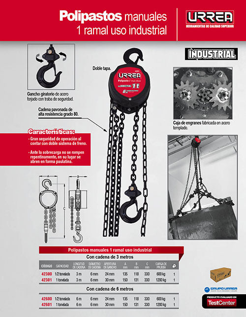 Polipasto manual 1 ramal, 0.5 ton, cadena 3 m Urrea