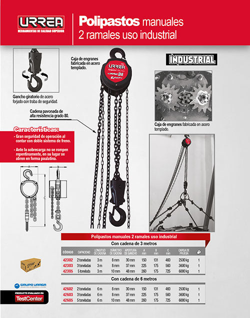 Polipasto manual 2 ramales, 2 ton, cadena 3 m Urrea