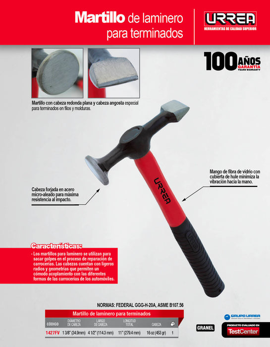 Martillo de laminero 13" mango de fibra de vidrio, para terminados Urrea