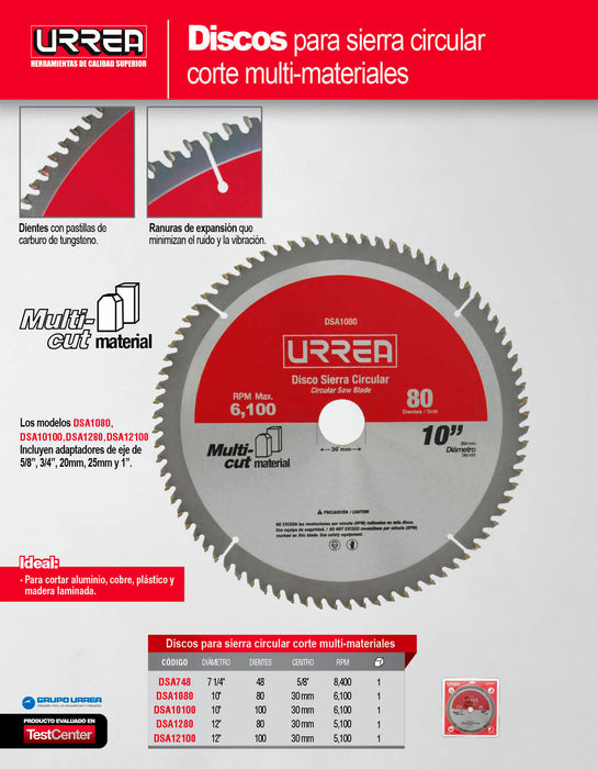 Disco para sierra circular para corte multi-material 48 dientes, 7-1/4" Urrea