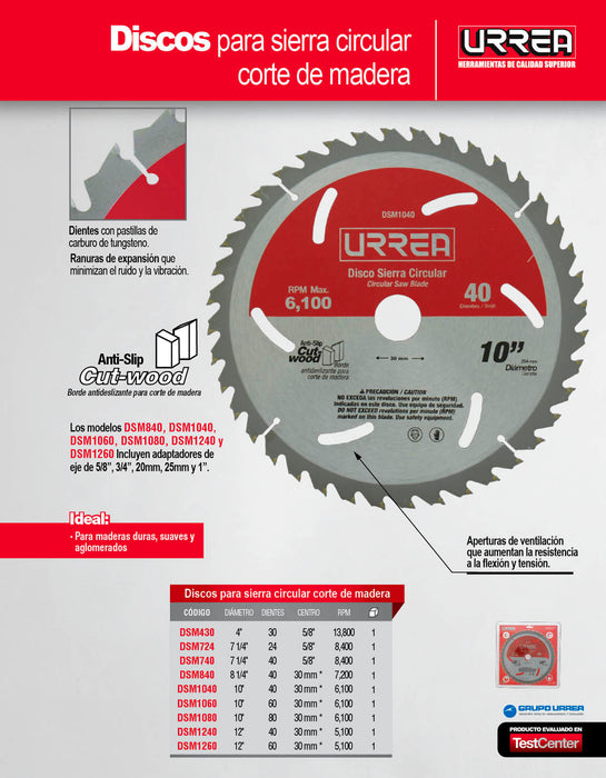 Disco para sierra circular para corte de madera 24 dientes, 7-1/4" Urrea
