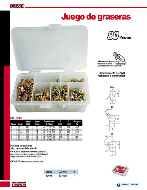 Juego de boquillas para graseras, 80 piezas Urrea