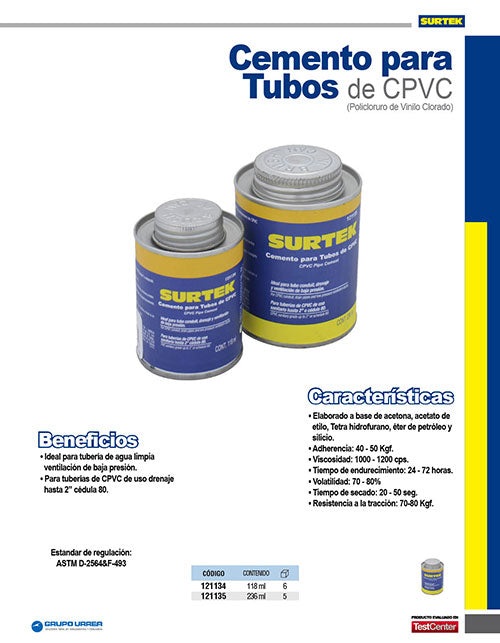 Cemento para tubo CPVC, 236 ml Surtek