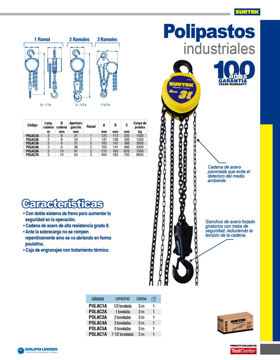 Polipasto manual 3 ramales, 7.5 ton, cadena 3 m Surtek