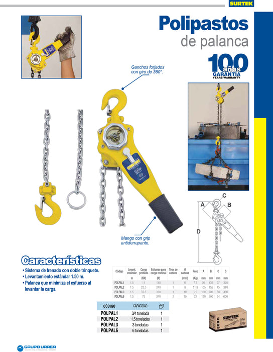 Polipasto manual de palanca 6 ton, 1.5 m Surtek