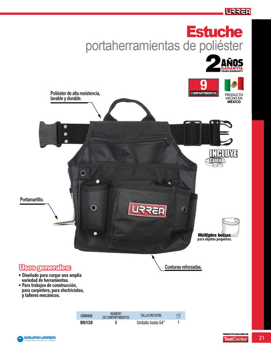 Portaherramientas de poliéster con cinturón, 9 bolsillos Urrea
