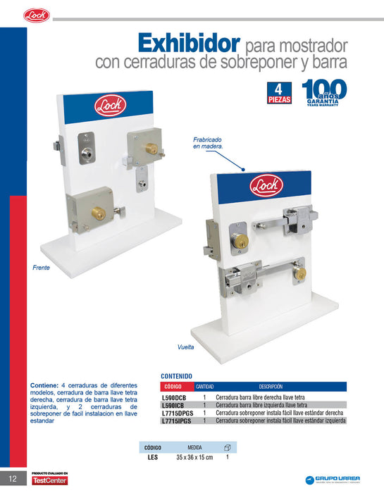 Exhibidor con cerraduras de sobreponer y de barra, 4 piezas Lock