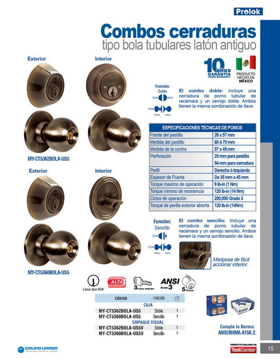 Combo de pomo tubular bola función doble, latón antiguo, llave estándar, blíster Prolok