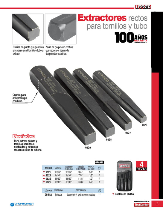 Juego de extractor rectos para tornillos y tubo, 4 piezas Urrea