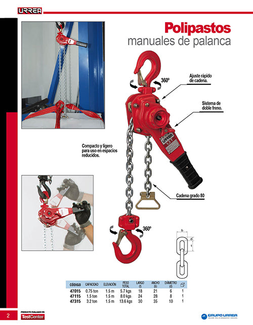 Polipasto manual de palanca de doble freno 1.5 ton, 1.7 m Urrea