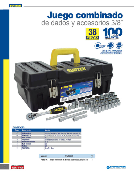 Juego de dados y accesorios cuadro de 3/8" combinado, 38 piezas Surtek