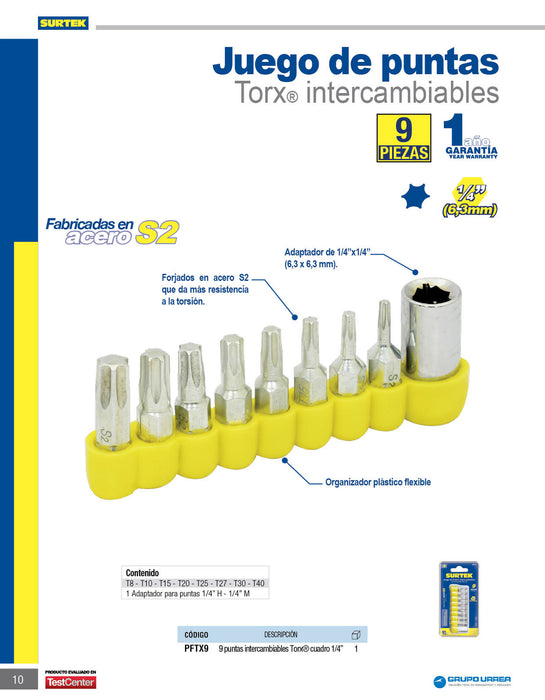Juego de puntas Torx hexágono de 1/4", 4 piezas en blíster Surtek