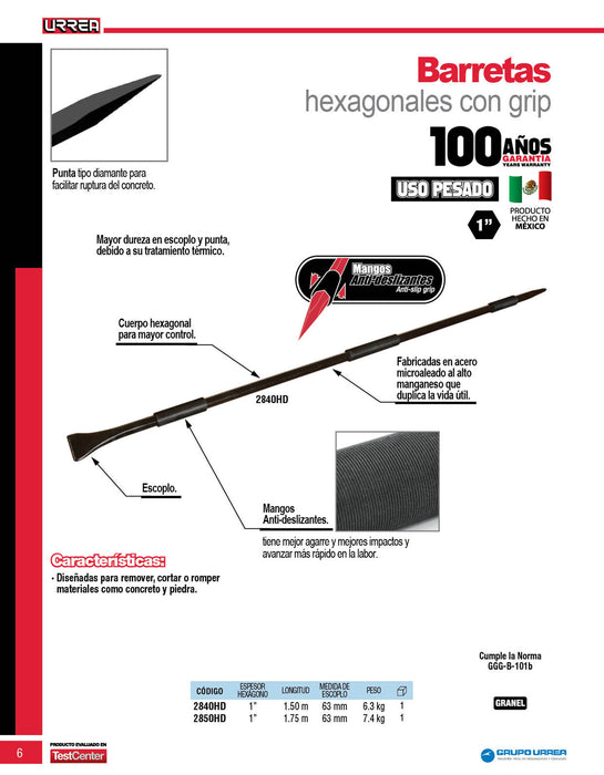 Barreta hexagonal con grip de 175 cm, 1" Urrea