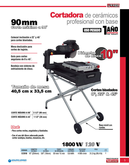 Cortadora de cerámicos 10" 1800 W 120 V, 4000 RPM Urrea