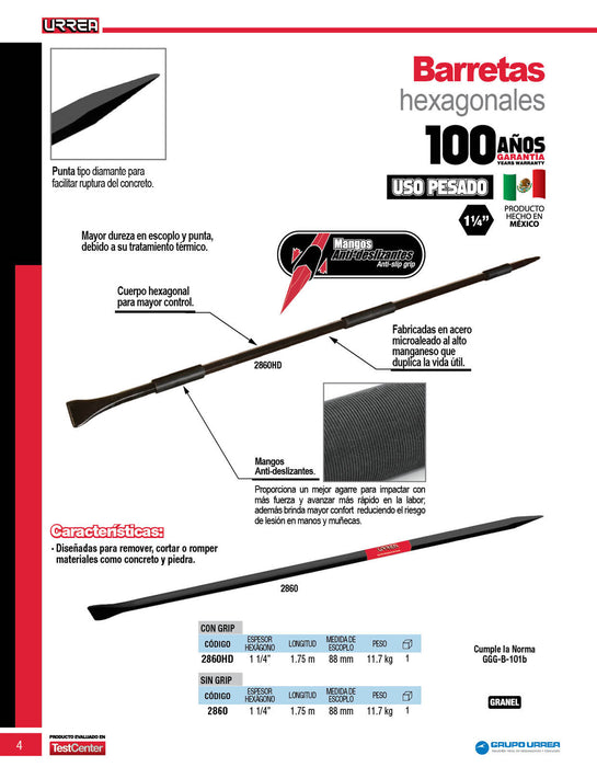 Barreta hexagonal con grip de 175 cm, 1-1/4" Urrea