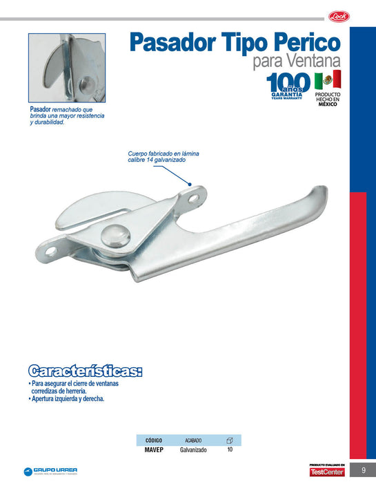 Manija para ventana tipo perico, galvanizada Lock