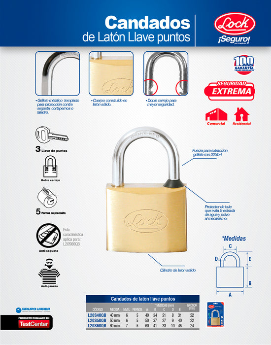 Candado de latón corto 60 mm, llave de puntos Lock