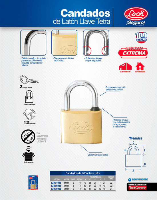 Candado de latón corto 60 mm, llave tetra Lock