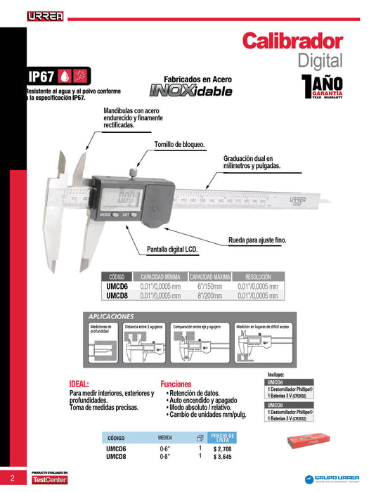 Calibrador digital 0 a 8" Urrea
