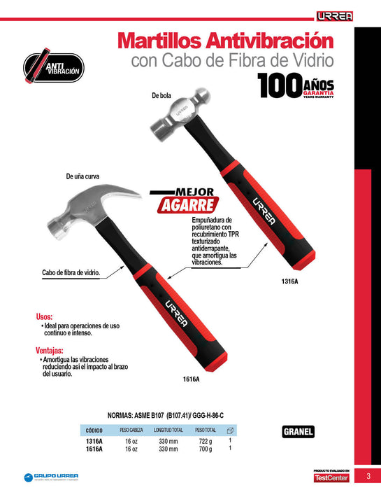Martillo de uña con mango anti-vibración texturizado de 13-9/16", 16 oz Urrea