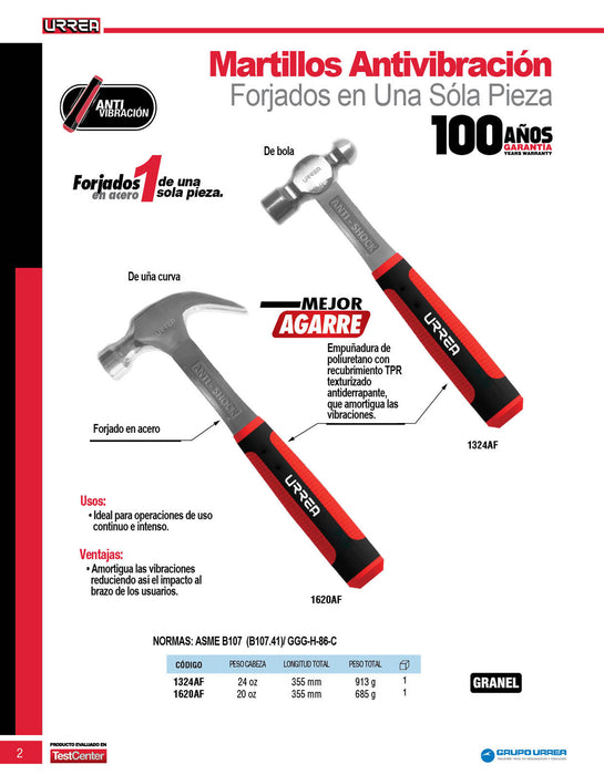 Martillo de uña forjado en una pieza con mango anti-vibración texturizado de 13-9/16", 20 oz Urrea