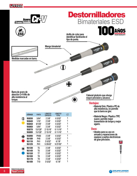Destornillador de precisión ESD anti-estáticos, punta Torx T10 x 3-5/32" Urrea