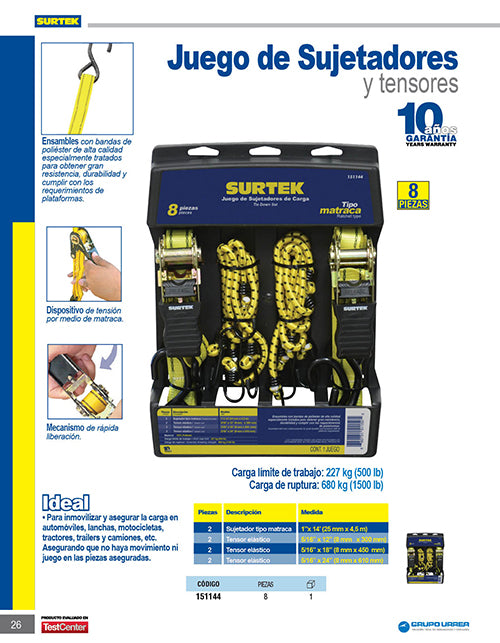 Juego de sujetadores tipo matraca y tensores, 8 piezas Surtek