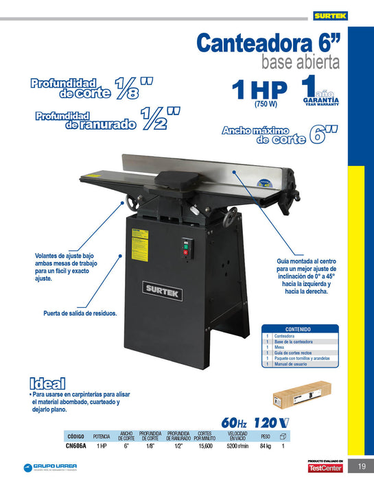 Canteadora 6" 750 W 120 V, 5200 RPM con guía montada con ajuste de inclinación hasta 45° Surtek