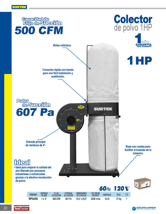 Colector de polvo 1 x 4" 1 HP 120 V, 3400 RPM Surtek