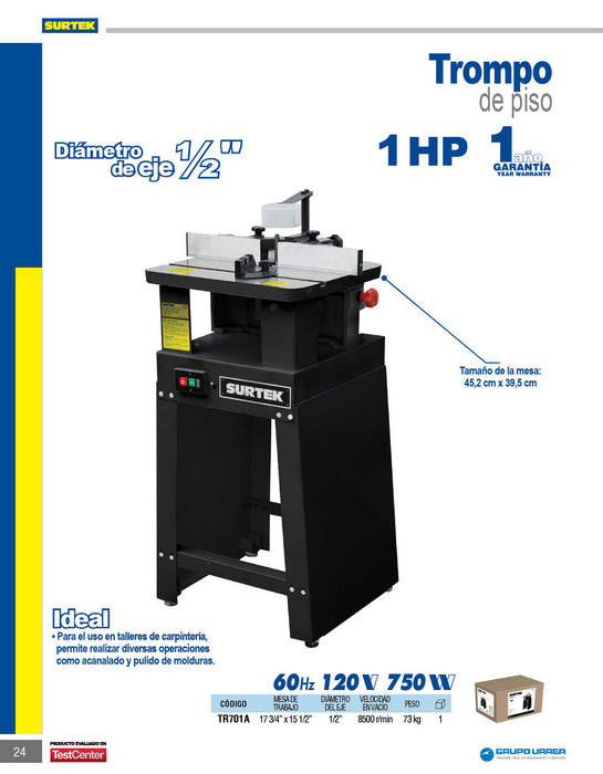 Trompo de piso para madera 750 W, 120 V, 8500 RPM, 1 HP Surtek
