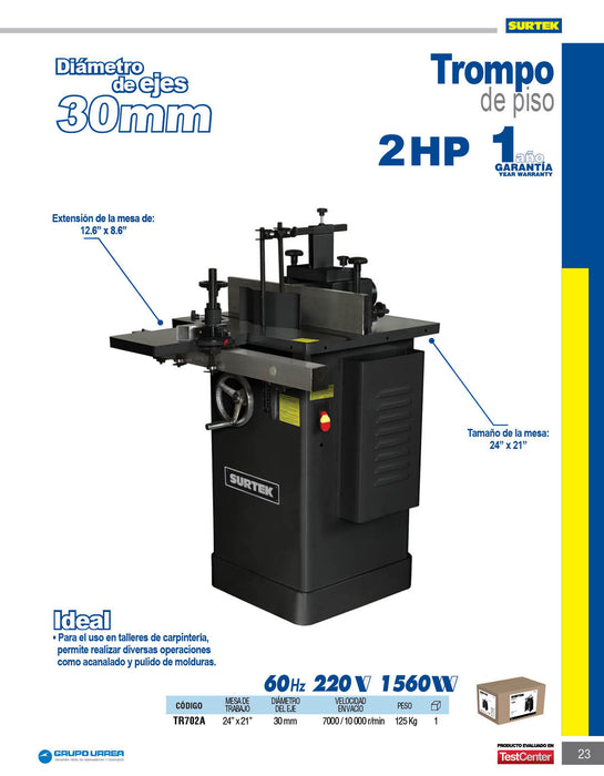 Trompo de piso para madera 1560 W, 220 V, 10000 RPM, 2 HP Surtek