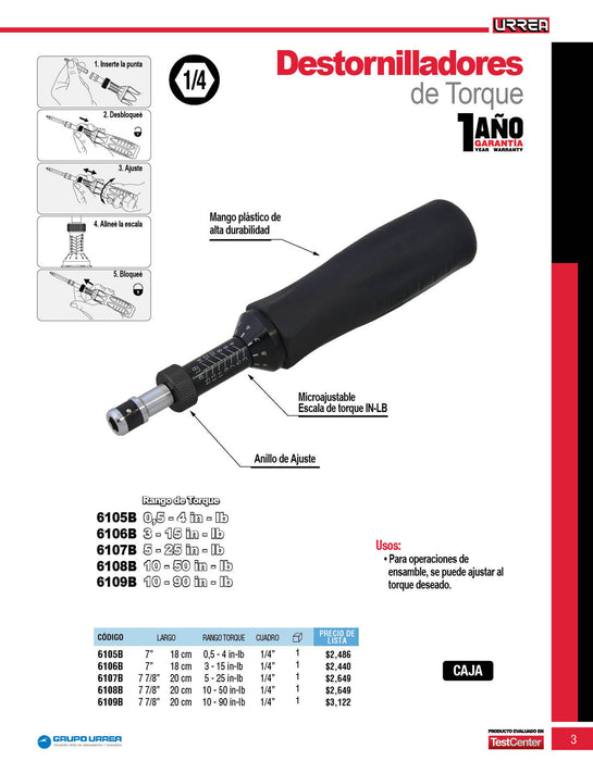 Destornillador de torque microajustable con mango plástico cuadro de 1/4", 10-50 in-lb Urrea