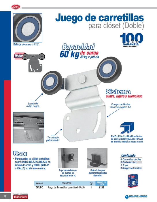 Juego de carretilla doble riel para clóset, galvanizada Lock
