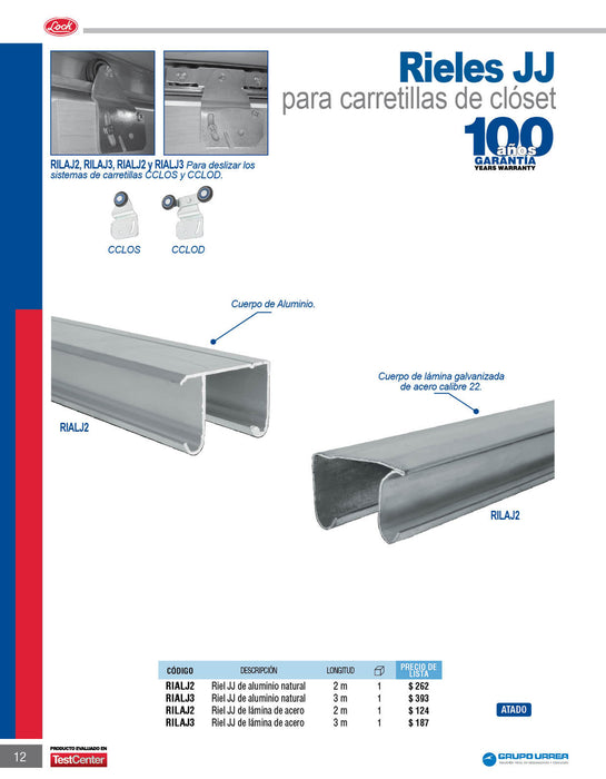 Riel tipo JJ para clóset 3 m, de aluminio Lock