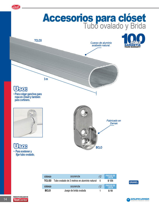 Tubo ovalado para clóset 3 m, de aluminio Lock